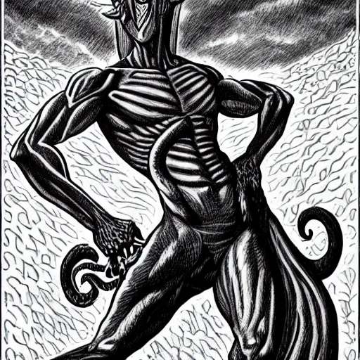 Image similar to a male naga, serpent body, kentaro miura art style