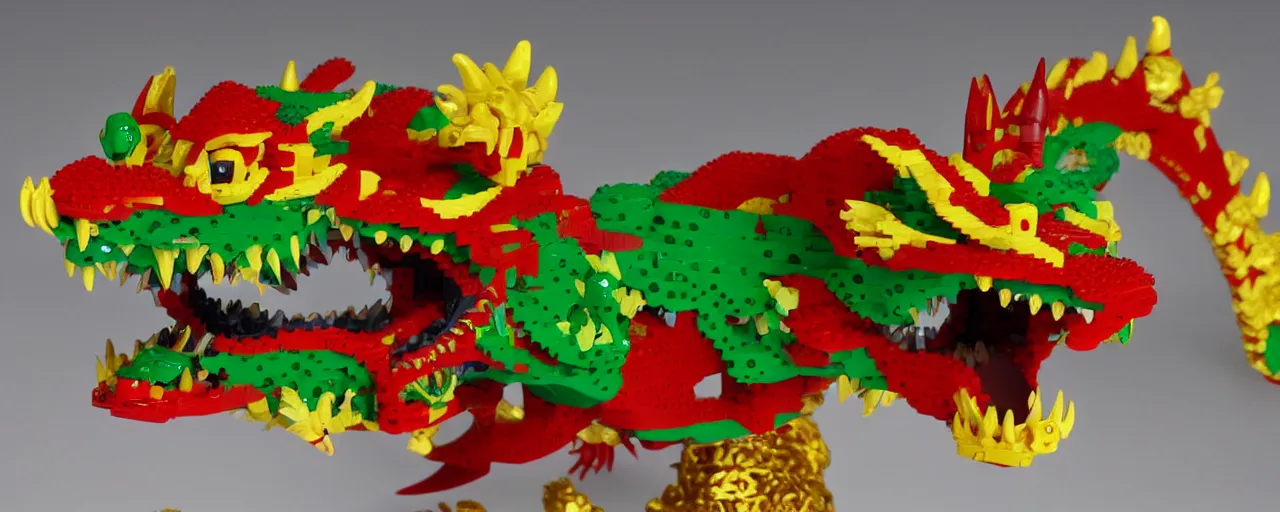 Image similar to Chinese beautiful dragon, with green and red scales, golden mask, sharp teeth, made of LEGO, in the style of LEGO