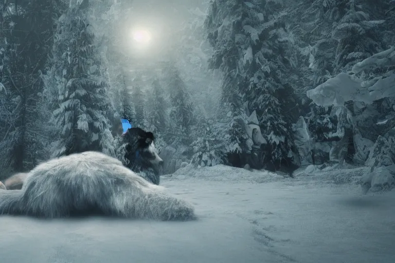 Image similar to photo of people gathering around a giant sleeping yeti, eerie atmosphere, fear, mystery, dramatic, 8 k uhd