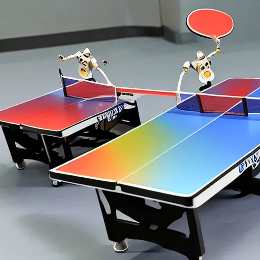 Image similar to two robots playing table tennis on a futuristic table tennis table, amazing detail, photorealistic