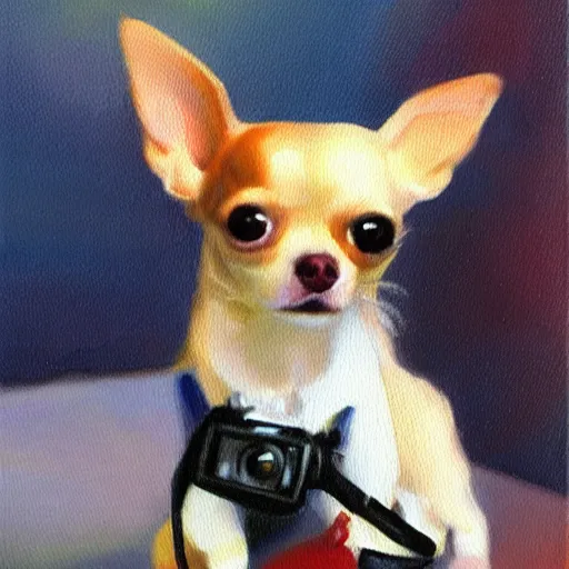 Image similar to chihuahua holding a camera, impressionist oil painting