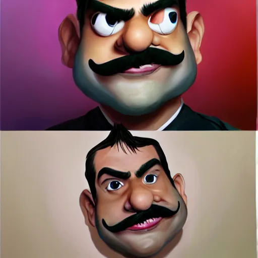 Prompt: caricature, claymation, luis guzman as waluigi, painted by tom lovell, wlop, artgerm, dishonored 2,