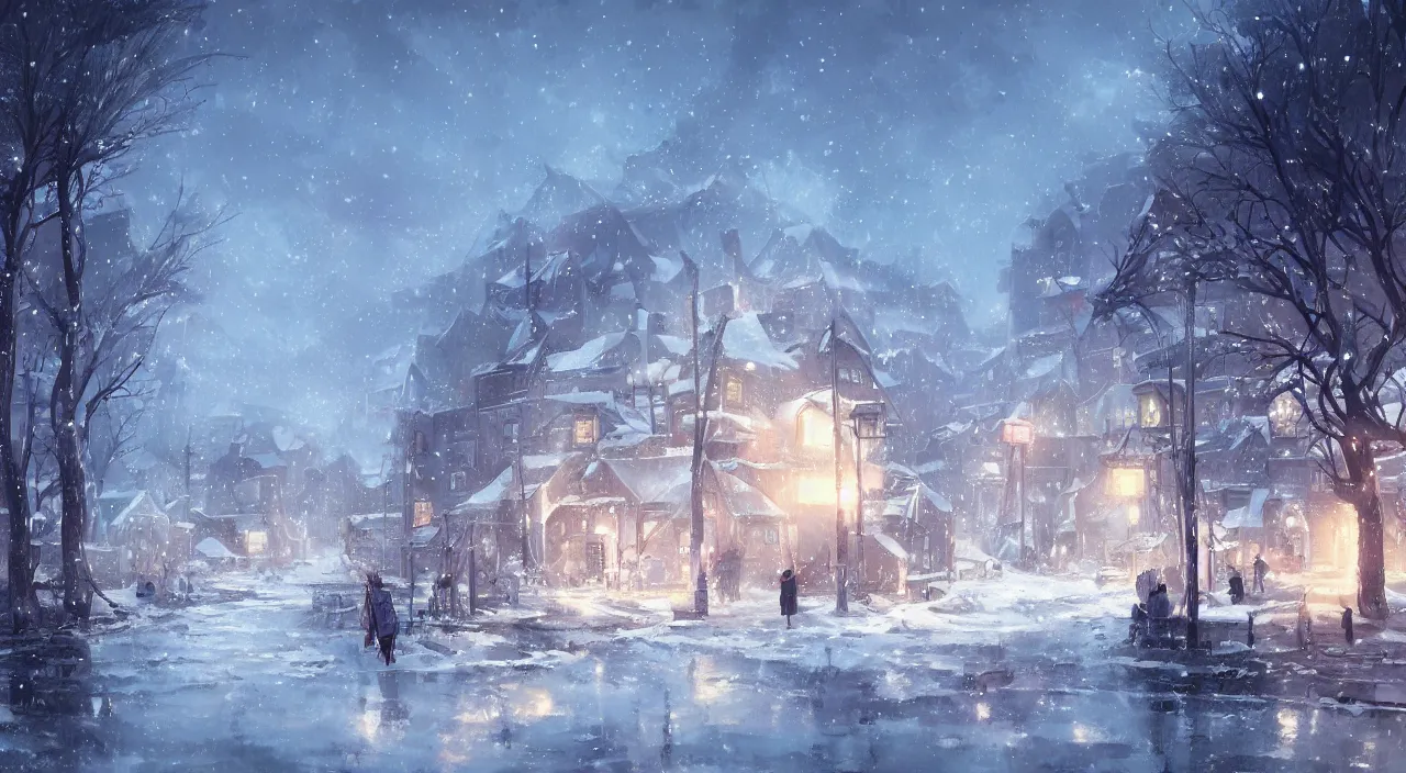 Prompt: The Melancholic Village in a Blizzard, Anime concept art by Makoto Shinkai