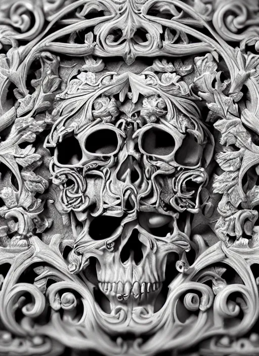 Image similar to hyper realistic photography of intricate baroque skull ornament relief leaves, cinematic, symmetric detailed, artstation, cgsociety