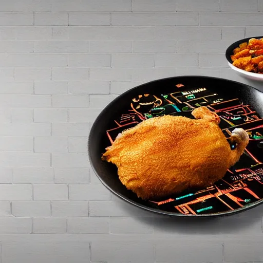 Prompt: chicken fried on a computer cpu plate, food, poster, orthographic, octane