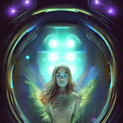 Prompt: three quarters portrait of a bioluminiscent baby creature with big glowing eyes, highly detailed, digital painting, cinematic, hyper realism, dark retrowave, art by Stanley Lau and Artgerm and magali villeneuve and Alphonse Mucha, artstation, octane render, cgsociety