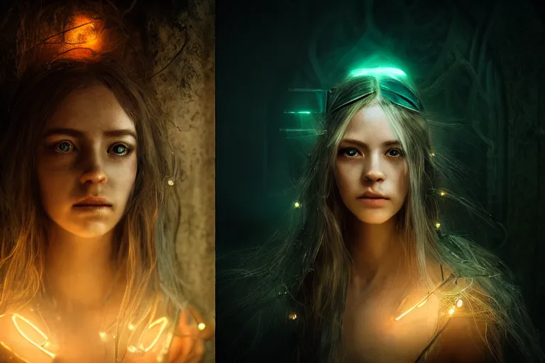 Prompt: an ultra realistic, cinematic, fantasy, headshot portrait, of an elden ring elf, fairy lights, facial features, stood outside an abandoned church, with futuristic buildings and neon signs, detailed, deep focus, movie still, dramatic lighting, ray tracing, by michal karcz and yoshitaka amano