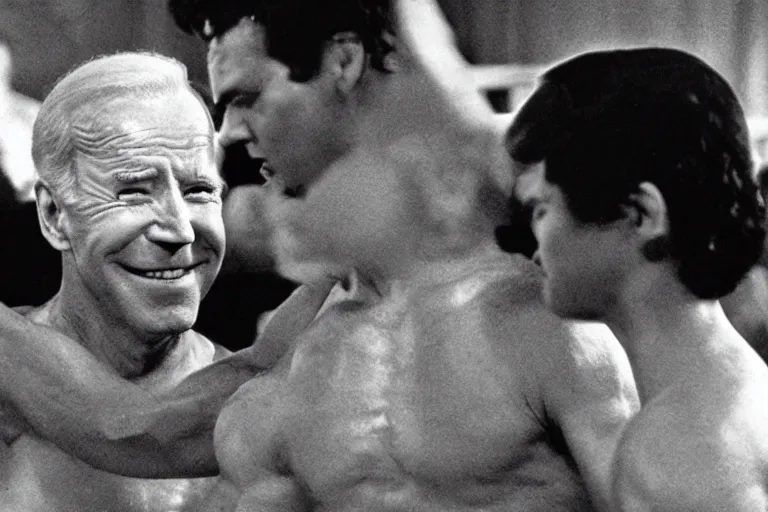 Prompt: film still frame of biden in rocky, high quality