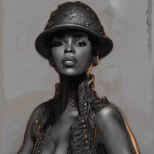 Image similar to a black woman space pirate long pixie haircut in a pirate hat and long captain's coat drawn by Donato Giancola and Jon Foster, Frank frazetta, Alphonse Mucha, flat grey background by James Jean and Gustav Klimt, volumetric lighting, French Nouveau, trending on artstation