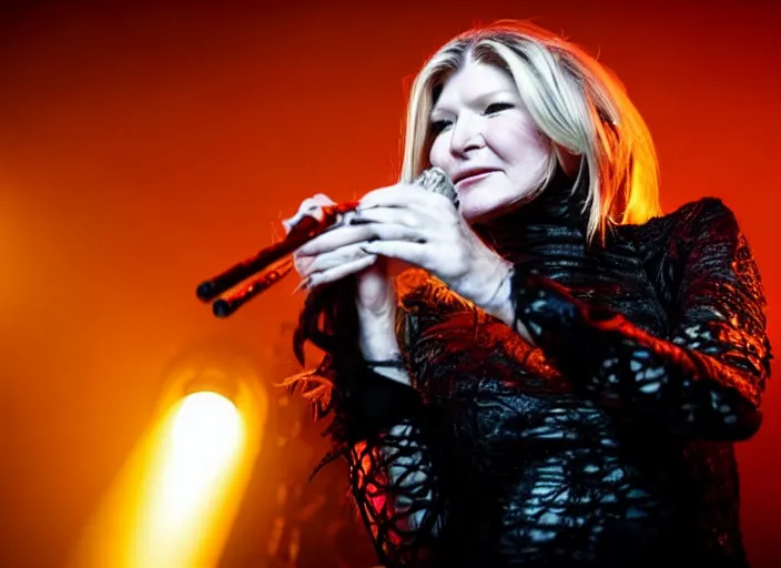 Image similar to publicity photo still of martha stewart in cradle of filth playing live on stage, 8 k, live concert lighting, mid shot