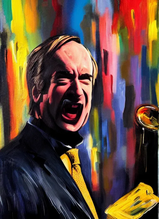 Prompt: saul goodman, screaming, painting by david lynch,'action lines '!!!, graphic style, visible brushstrokes, motion blur, blurry