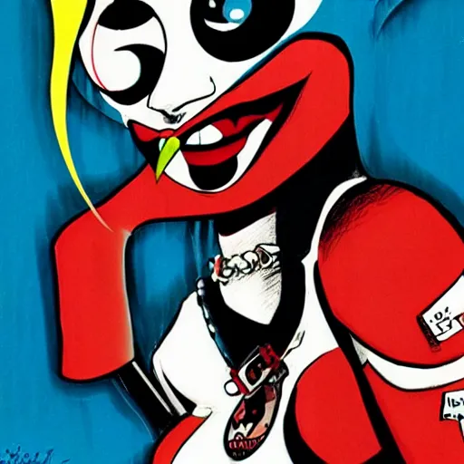 Image similar to Harley Quinn, artwork by Jamie Hewlett,