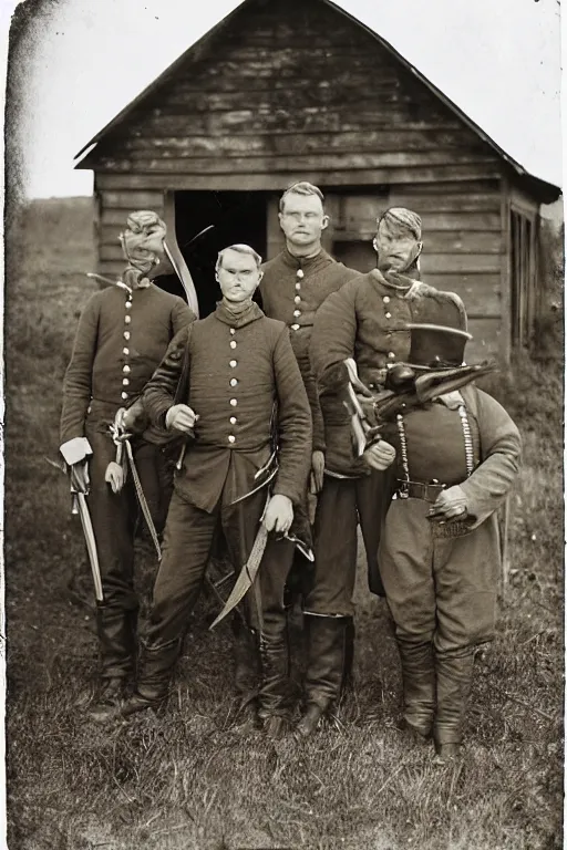 Image similar to lost photo of Civil War soldiers standing in front of a barn posing with a dead Pteranodon, sepia,