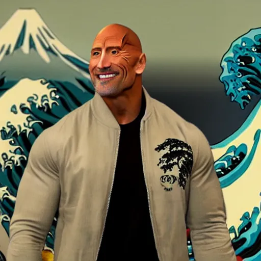 Image similar to Dwayne Johnson wearing a The Great Wave off Kanagawa jacket