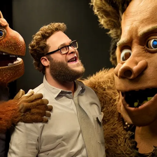 Image similar to animatronic Seth Rogen, exposed mechanics, photo, Stan Winston studios, detailed, 4k