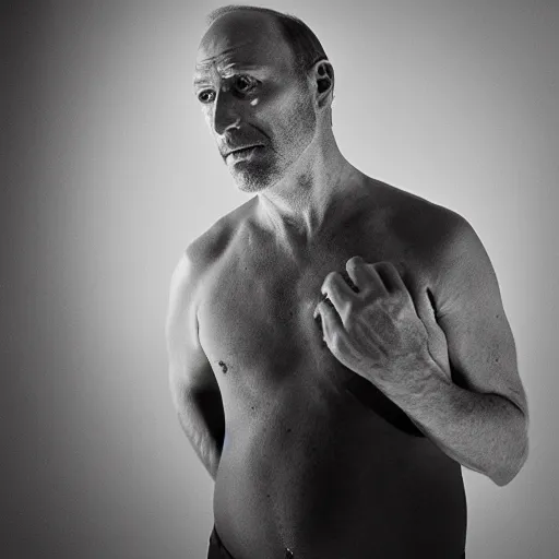 Image similar to portrait of a middle aged balding white male model By Emmanuel Lubezki