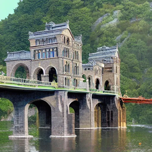 Image similar to a marvel of engineering, full color, realistic, escher, environmental, architectural, bridge, stonework, bright