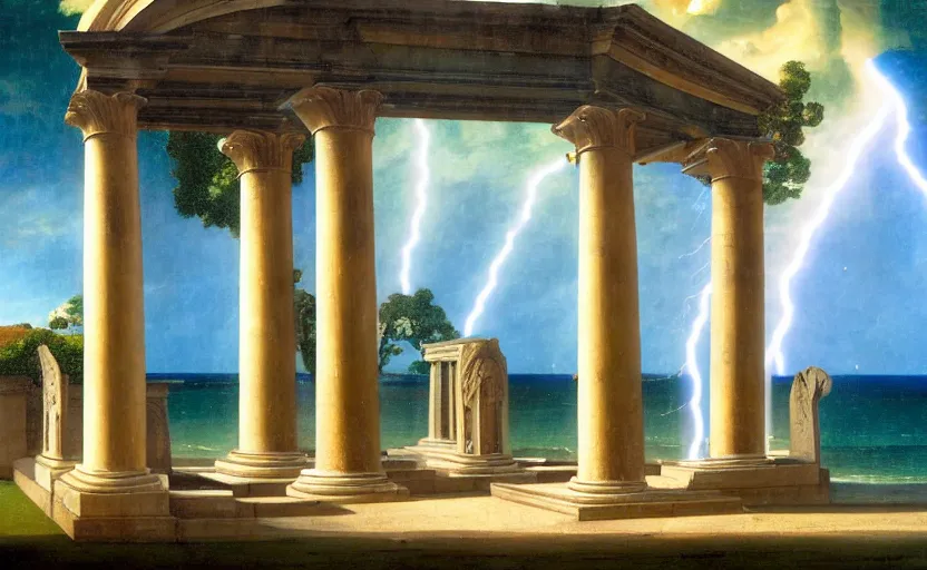 Image similar to Doric temple on front of balustrade and palace columns, refracted lightnings on the ocean, thunderstorm, tarot cards characters, beach and Tropical vegetation on the background major arcana sky and occult symbols, by paul delaroche, hyperrealistic 4k uhd, award-winning, very detailed paradise