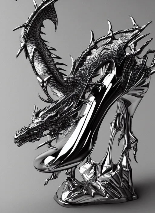 Image similar to beautiful ultra detailed photo of a dragon high heel made out of chrome metal material, artstation