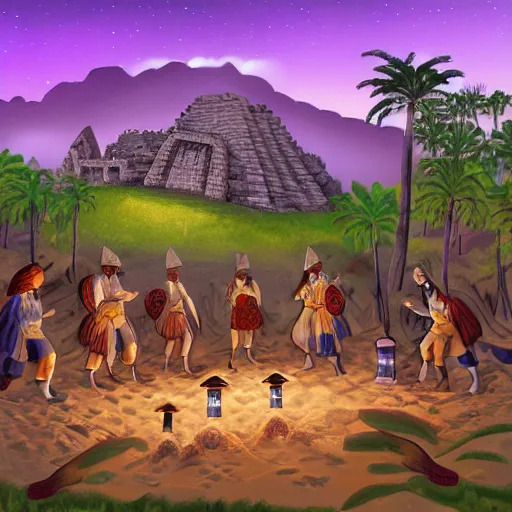 Prompt: A group of Spanish conquistadors holding lanterns on a sandy beach Cove in middle of a magical forest in night. Inca ruins in the background. detailed digital art