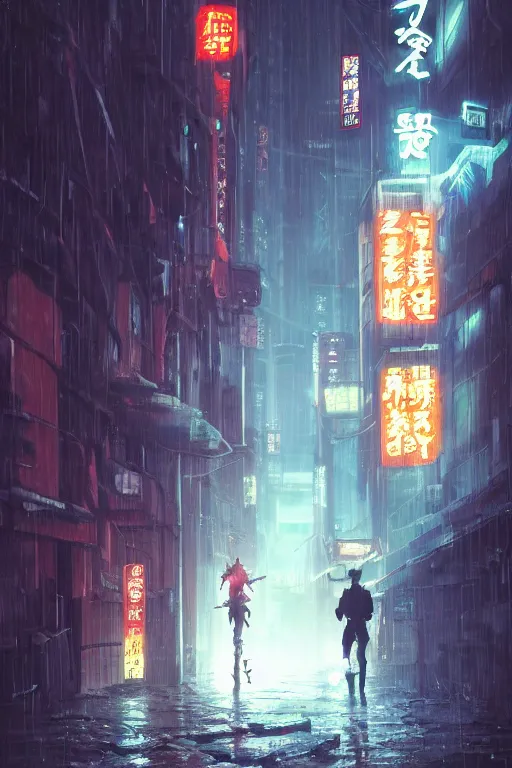 Prompt: a cyberpunk samurai in a raining cobblestone alleyway in tokyo, neon lights, full moon, fog cinematic greg rutkowski anime art jojo's bizarre adventure cowboy bebop