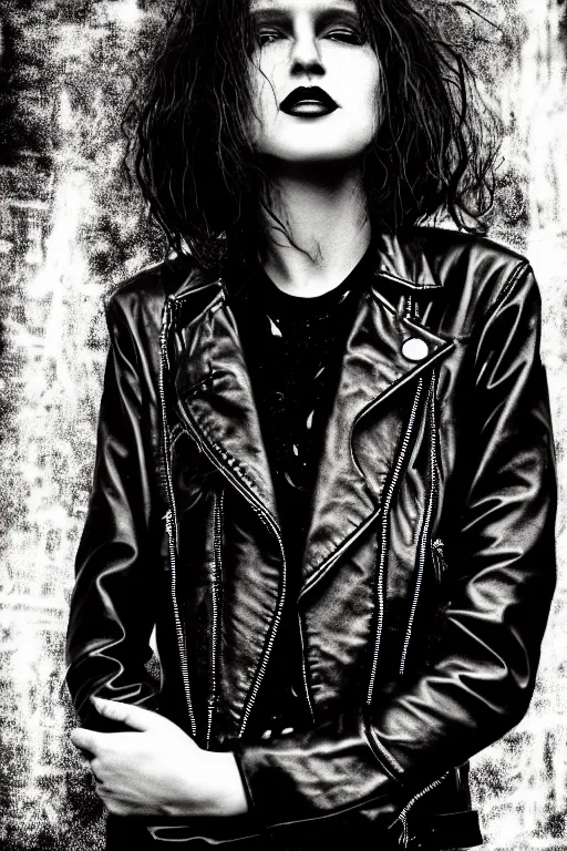 Prompt: dreamy rock girl, black leather jacket, detailed acrylic, grunge, intricate complexity, by dan mumford and by alberto giacometti, peter lindbergh, 8 k, macro photography