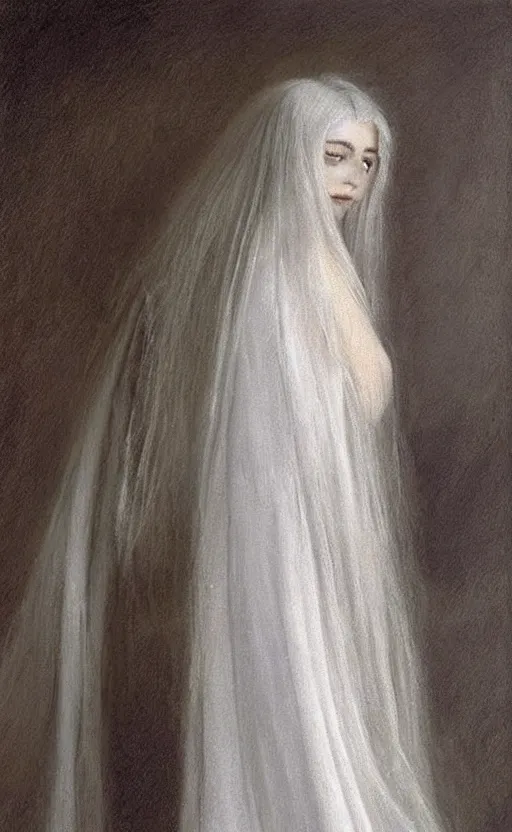 Prompt: who is this with silver hair so pale and wan! and thin!? petite female angel, wearing long silver robes, flowing hair, pale fair skin!!, you g face, silver hair, covered!!, clothed!! lucien levy - dhurmer, jean deville, oil on canvas, 1 8 9 6, 4 k resolution, aesthetic!, mystery