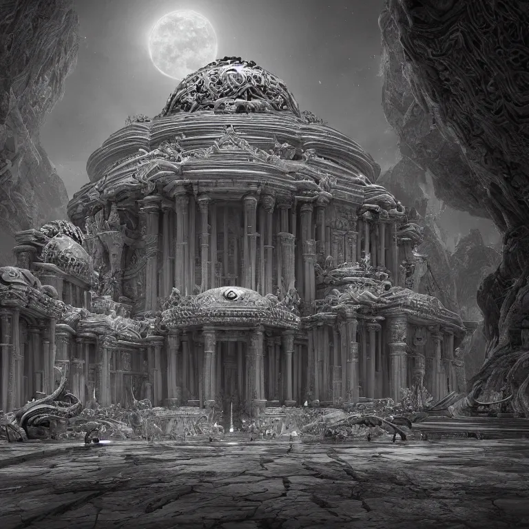 Prompt: old vintage photo of surreal alien extraterrestrial futuristic temple on exoplanet beautiful detailed intricate insanely detailed BW 3D render digital art, octane render, 8K artistic photography, photorealistic