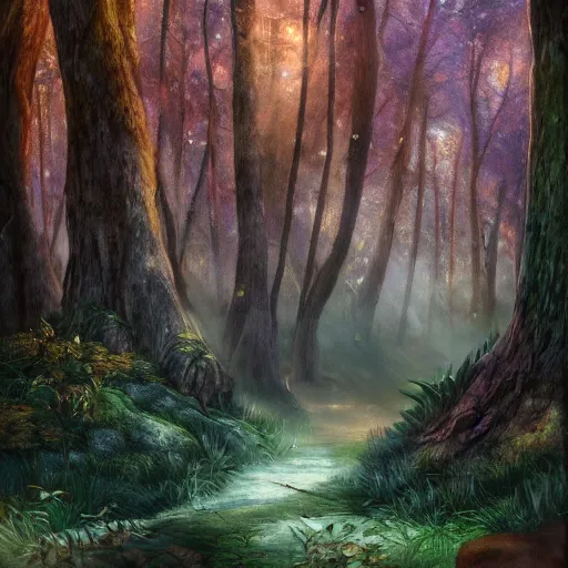 Image similar to The woods of The Feywild, the spring court, realism, fantasy setting, 8k, highly detailed, contrast, fantastical, unnatural, Feywild creatures, unusual colors, stunning, surreal