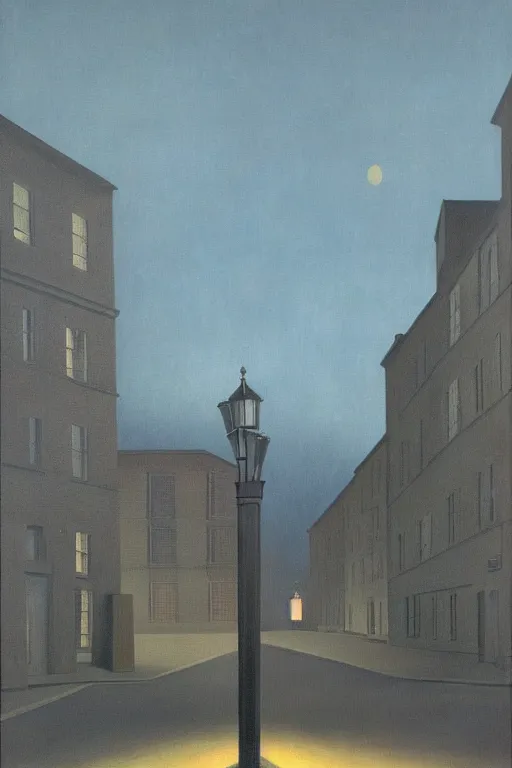 Image similar to a ghost under a streetlight at night by rene magritte, detailed painting, hd, hq, high resolution, high detail, 4 k, 8 k