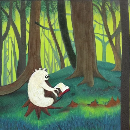 Image similar to monster reading a book in a forest, where the wild things are, bicycle nearby, oil on canvas, calm