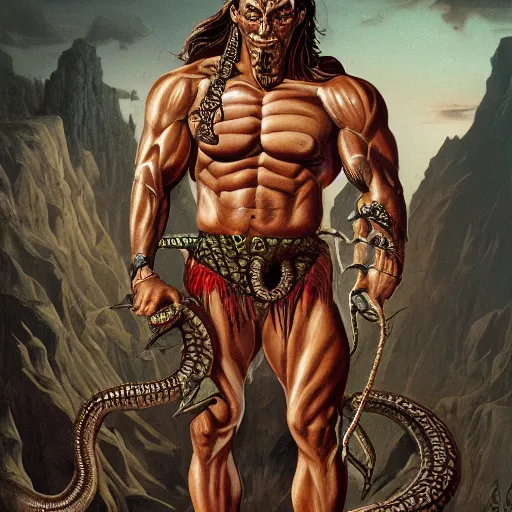 Prompt: serpent - man berlusconi warlord wearing bronze age clothing, bodybuilder snake, anatomical, horrific background symmetrical, zoom out, high quality, high definition, 8 k, photograph photorealistic by frank frazetta