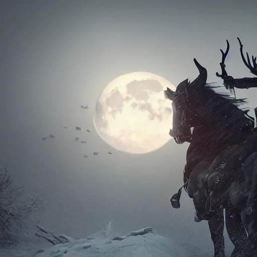 Image similar to the wild hunt, spectres, riding in the sky, blizzard storm, fog, full moon, snowy environment, bad omen, in the style of the witcher series, hyperrealism, breathtaking, award winning, groundbreaking, octane render, unreal 5, intricate digital art, 8 k hi - res