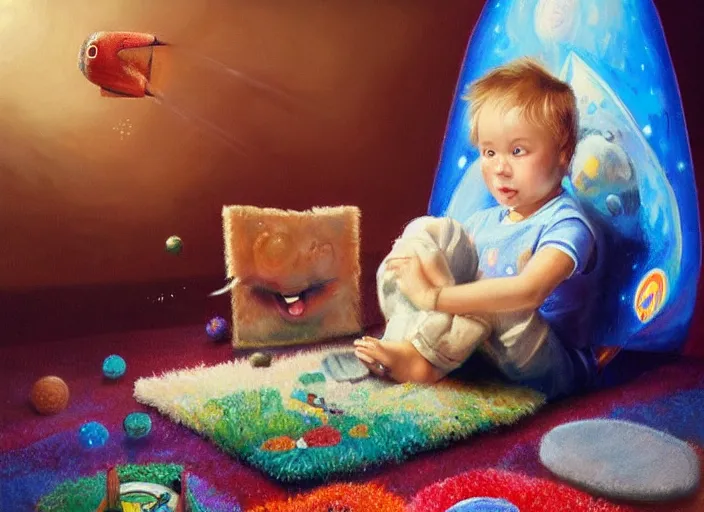 Image similar to toddler elon musk sitting on a shaggy rug playing with his little space rockets, realistic painting, beautiful soft lighting, istvan sandorfi