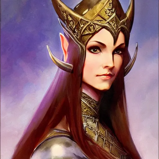 Image similar to elven princess character portrait by frank frazetta, fantasy, dungeons & dragons, sharp focus, beautiful, artstation contest winner, detailed