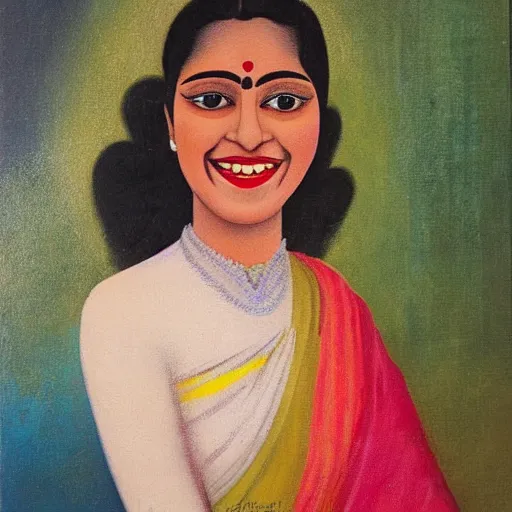 Prompt: representation of a young woman with a happy face in the year 1946 by the Indian painter Sawlaram Haldankar