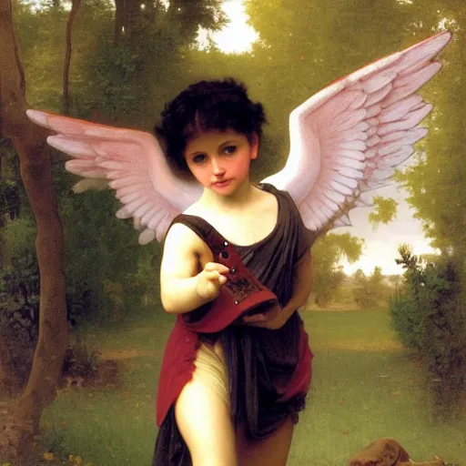 Image similar to a young angel wearing rollerblades, oil on canvas painted by William-Adolphe Bouguereau