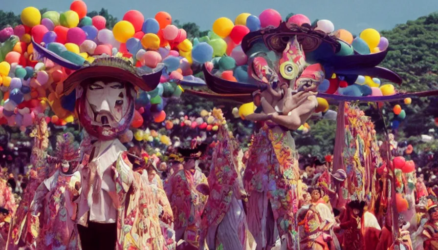 Prompt: movie still by alejandro jodorowsky of a small fun festival in kyoto japan, visible magic energy, costumes, parade floats, cinestill 8 0 0 t eastmancolor technicolor, high quality, very detailed, heavy grain, fine facial features, 8 k, octane render
