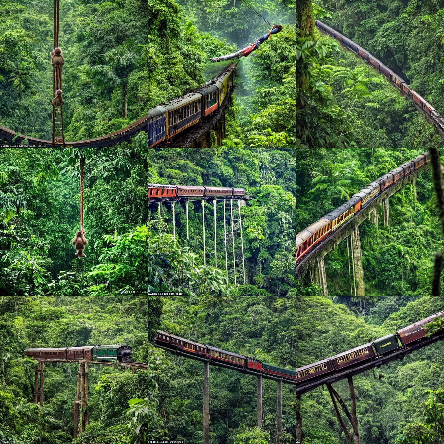 Prompt: A monkey hanging from a tree watches below as a steam train moves along an abandoned overgrown railway through the dense Amazon rainforest, award winning nature photography from National Geographic