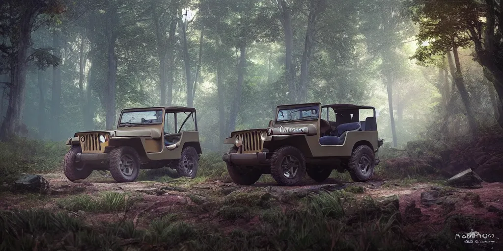 Image similar to willys jeep, in kerala forest road, chasing action scene, an epic fantasy, dramatic lighting, cinematic, establishing shot, extremely high detail, photorealistic, cinematic lighting, matte painting, artstation, by simon stalenhag, horizon forbideen west