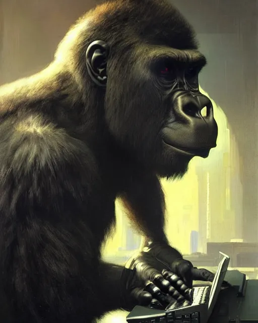 Image similar to cyberpunk gorilla at the computer. sci - fi art by greg rutkowski, gustave courbet, rosa bonheur, edward hopper. faithfully depicted facial expression, perfect anatomy, sharp focus, global illumination, radiant light, detailed and intricate environment, trending on artstation