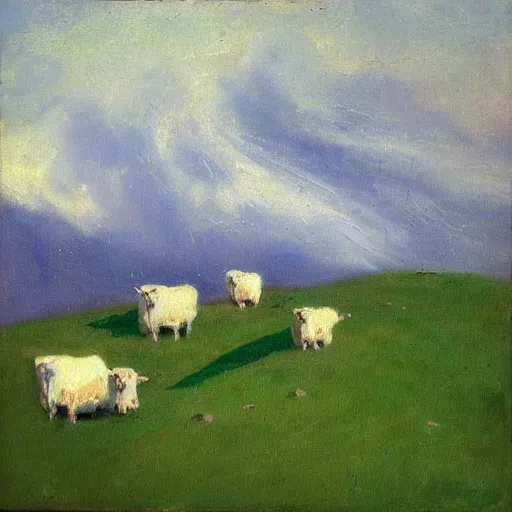 Image similar to “an impressionist painting of an avalanche of cows tumbling down a Green Mountain”