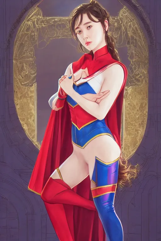 Prompt: Protrait of a Beautiful IU from Hotel del Luna as supergirl, unreal engine, detailed face, rule of thirds, captivating and enticing, , by James Jean