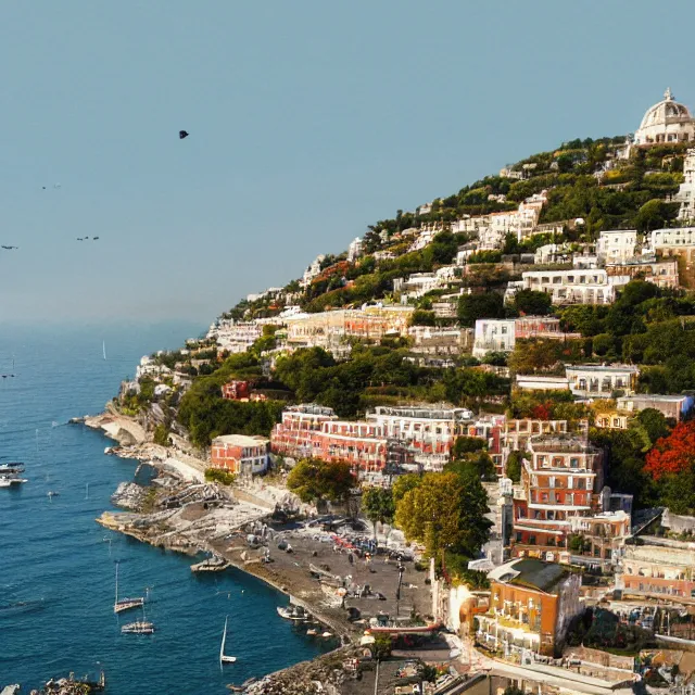 Image similar to portsmouth new hampshire colonial city on positano italy cliff, ocean cliff view, maple trees along street, chimneys on buildings, cobblestone street, light cinematic, volumetric, realistic, cinematic lighting, ray tracing, unreal engine 5, octane render, hyper realistic, photo, 8 k