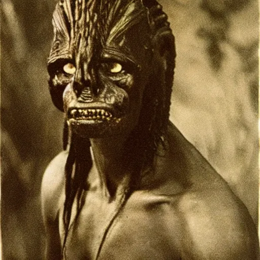 Image similar to photograph of yautja ( predator ) by edwardian, male, 1 9 0 0 s, 1 9 1 0 s, grainy, slightly blurry, faded, realistic face