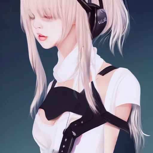 Image similar to realistic teasing detailed semirealism beautiful gorgeous cute Blackpink Lalisa Manoban white hair white cat ears blue eyes, wearing black camisole outfit, headphones, black leather choker full HD 4K high resolution quality WLOP, Aztodio, Taejune Kim, Guweiz, Pixiv, Instagram, Artstation