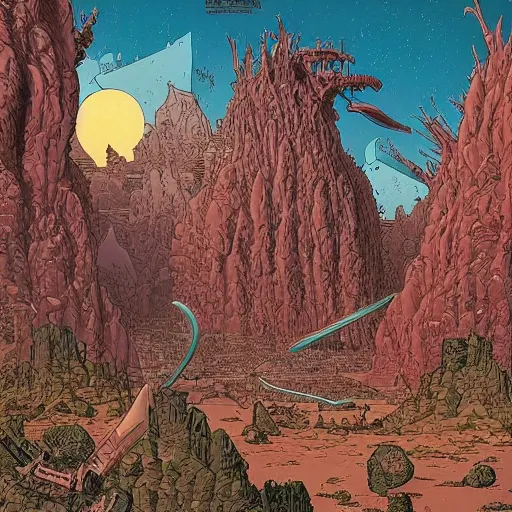 Image similar to an epic horrifying fantastic hyperdetailed matte painting beautiful retro sci fi landscape, by moebius by geoff darrow by dan mumford