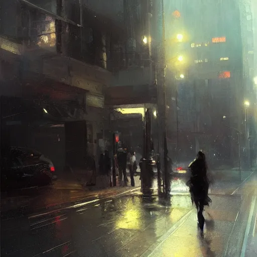 Prompt: detailed street scene, volumetric lighting, painting by jeremy mann