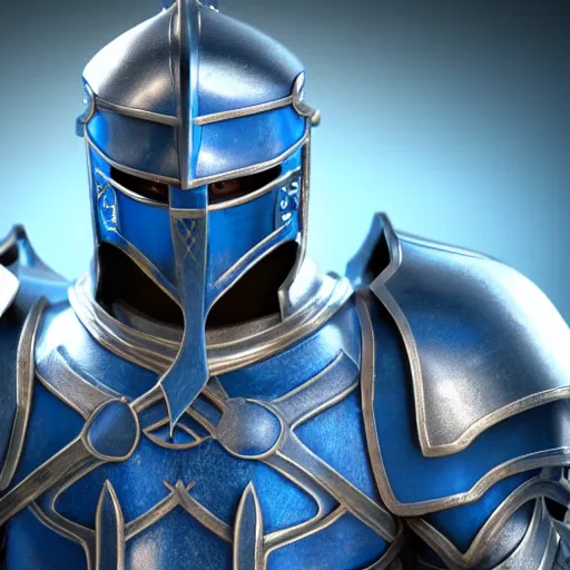 Prompt: still photo of a blue knight, highly detailed, 3 5 mm portrait, bright studio setting, studio lighting, crisp quality and light reflections, unreal engine 5 quality render,