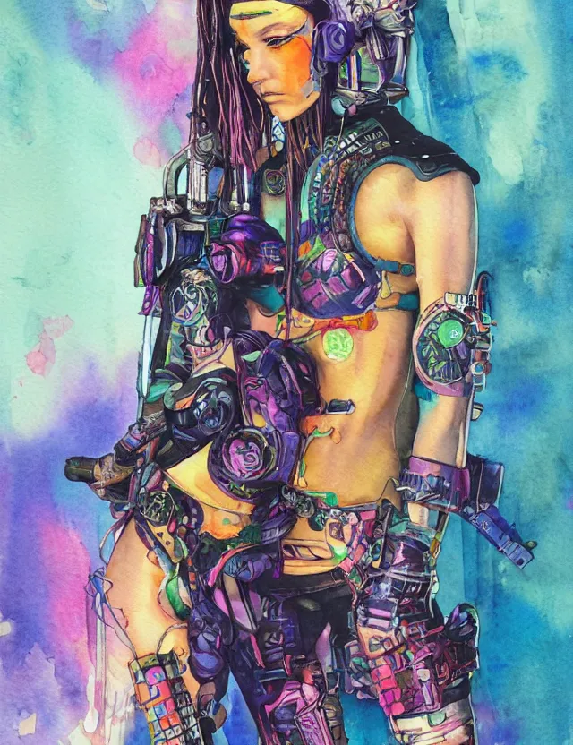 Prompt: cyberpunk princess. this watercolor painting by the beloved children's book author has interesting color contrasts, plenty of details and impeccable lighting.